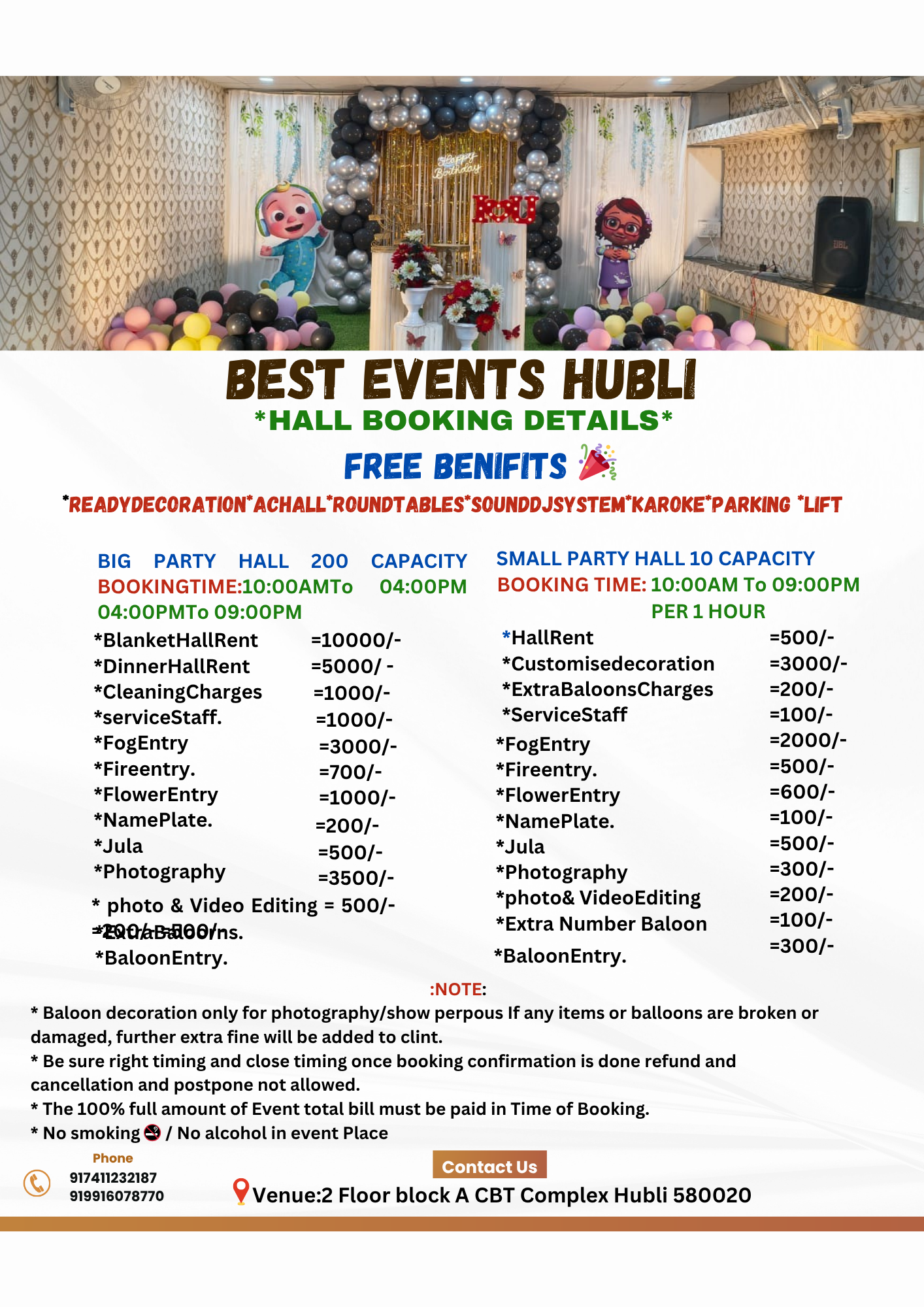 BEST EVENTS HUBLI HALL BOOKING DETAILS